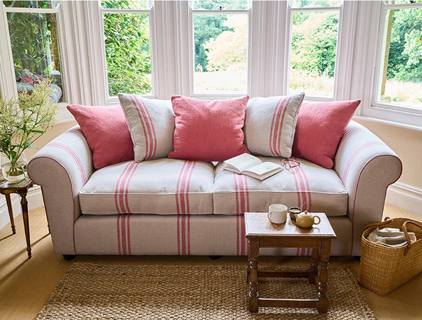 Lewes 3 Seater Sofa in Walloon Stripe Red with Scatters in Walloon & Linwood Luna_tablet